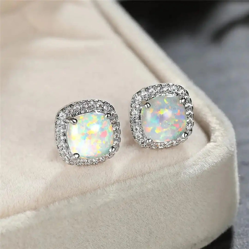 Elegantes Pendientes de Botón Redondos de Ópalo de Fuego Blanco y Plata