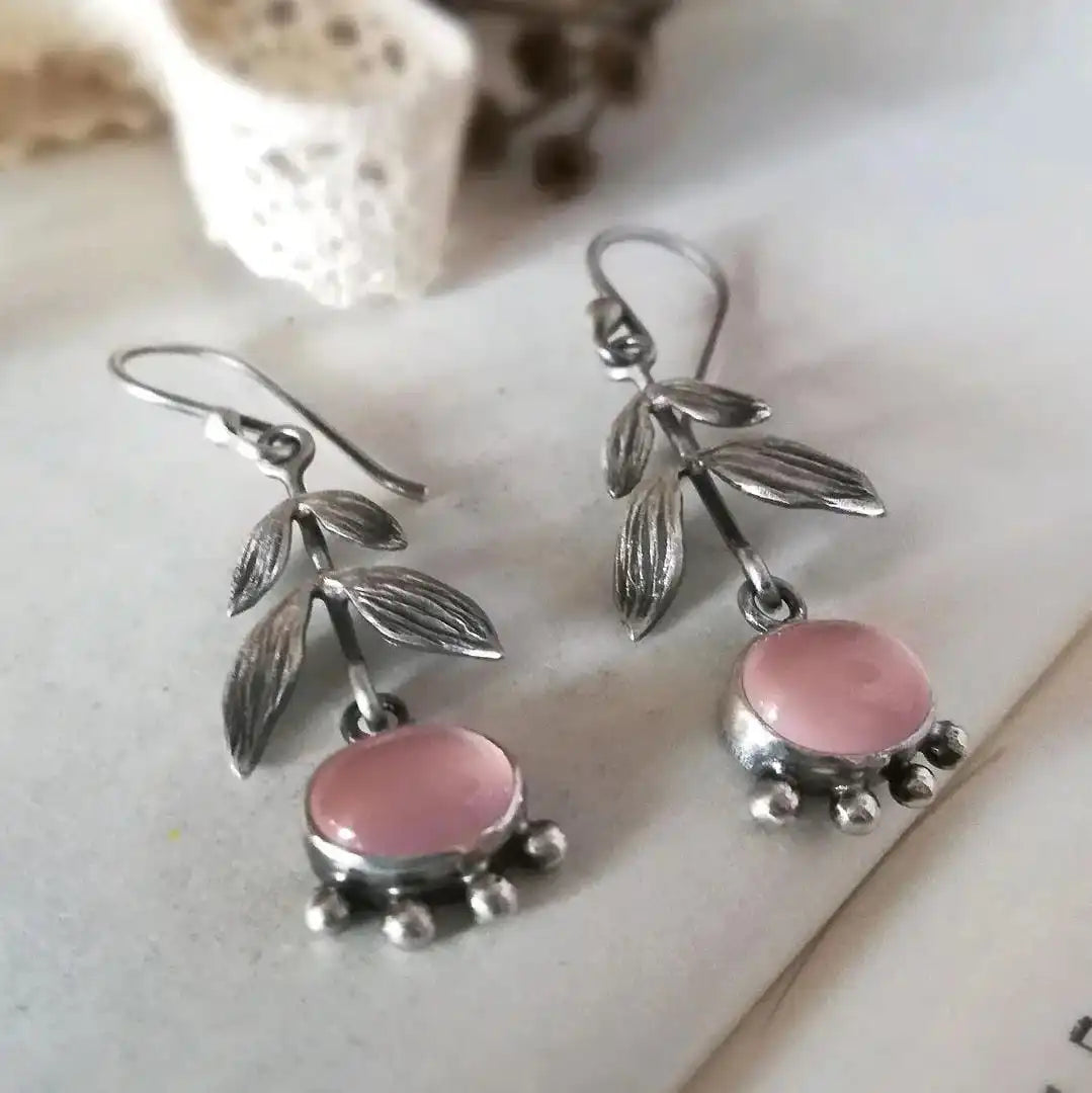 Pendientes Colgantes de Cuarzo Rosa Hoja Plateada