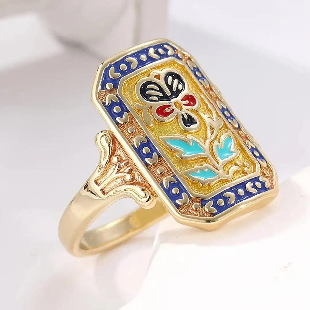 Anillo llamativo floral esmaltado vintage