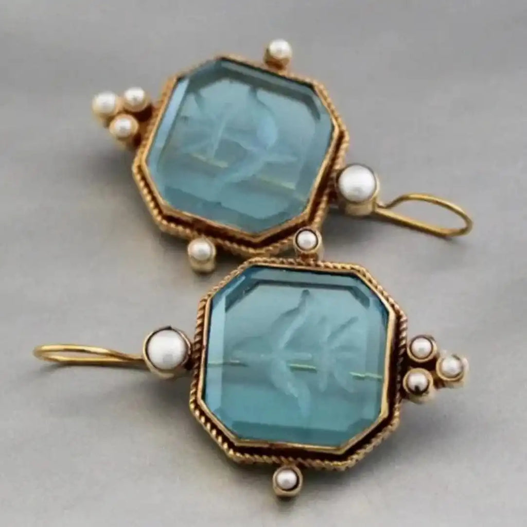Pendientes colgantes elegantes vintage con perla y diseño geométrico