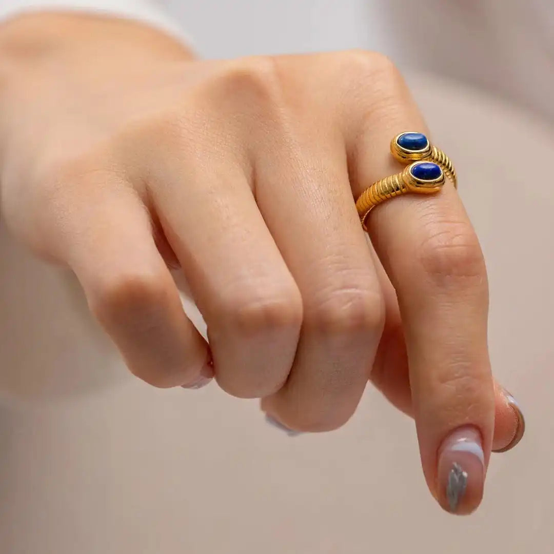 Anillo Ajustable Bohemio de Oro con Lapislázuli y Turquesa