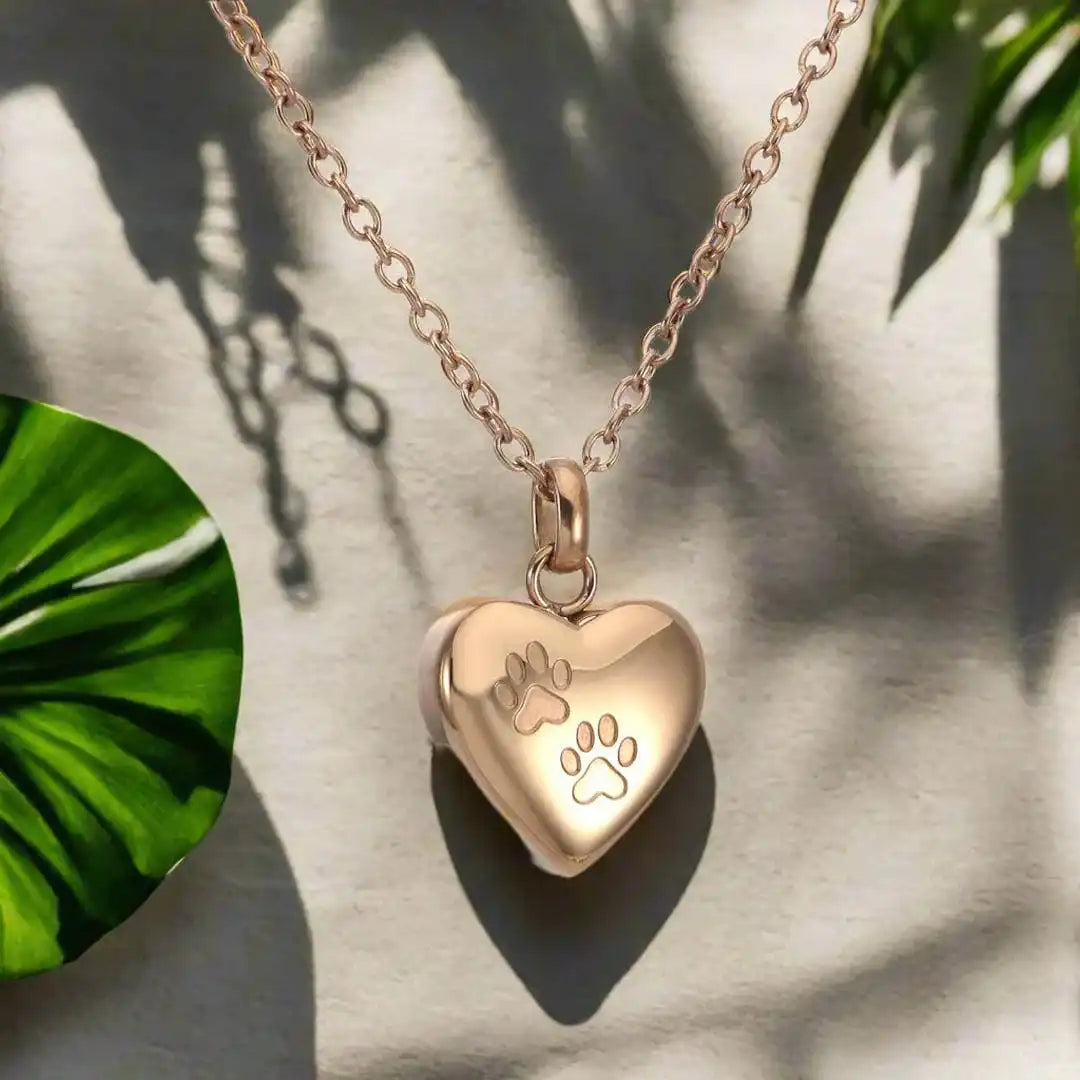 Collar de urna conmemorativa para mascotas, colgante en forma de corazón con grabado de huella de pata