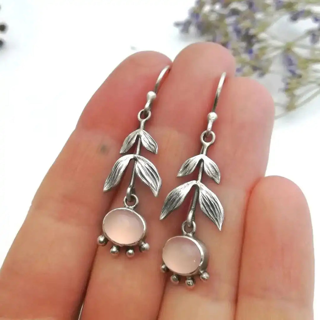 Pendientes Colgantes de Cuarzo Rosa Hoja Plateada