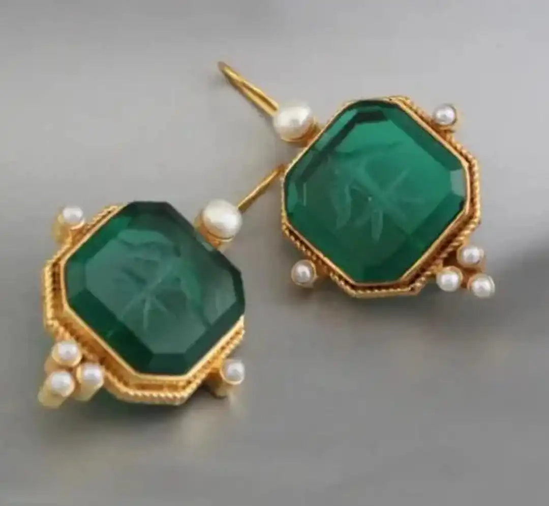 Pendientes colgantes elegantes vintage con perla y diseño geométrico
