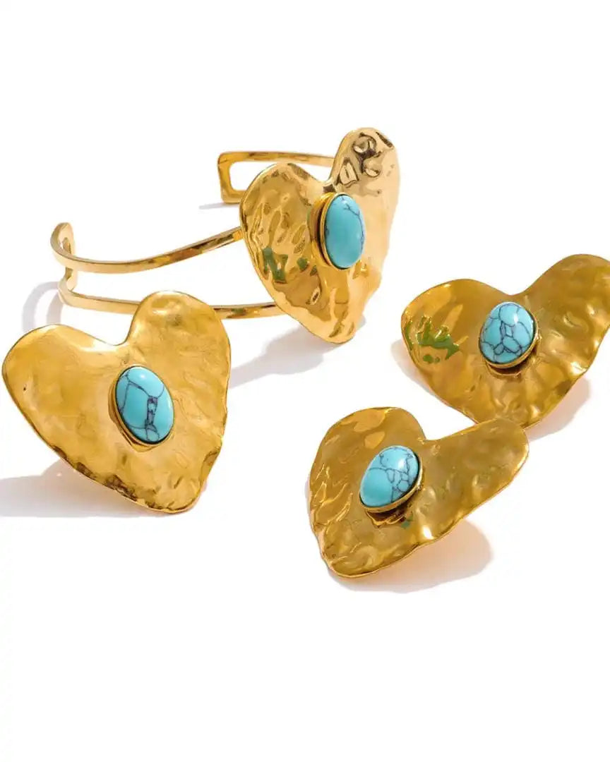 Juego de pendientes, anillo y pulsera de oro con incrustaciones de turquesa en forma de corazón, estilo vintage