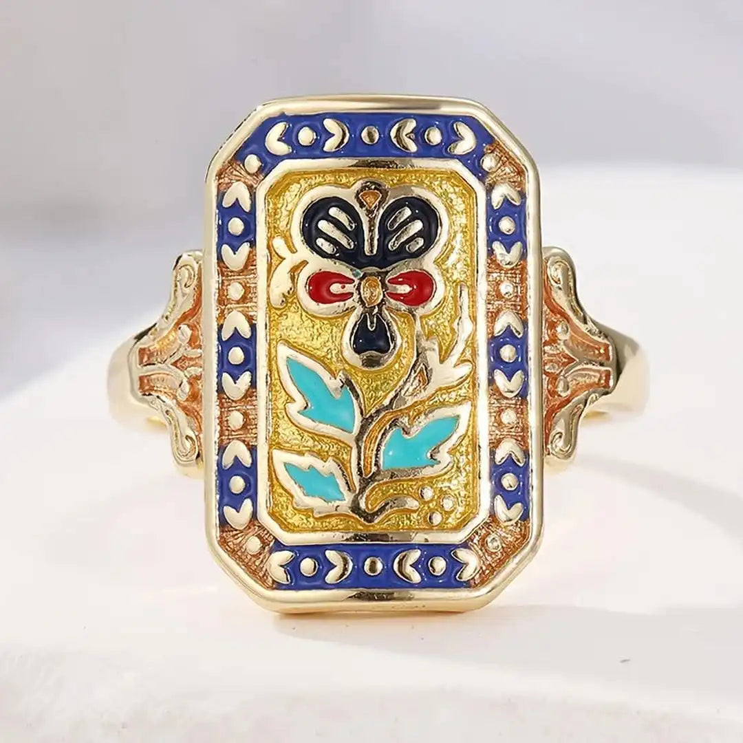Anillo llamativo floral esmaltado vintage