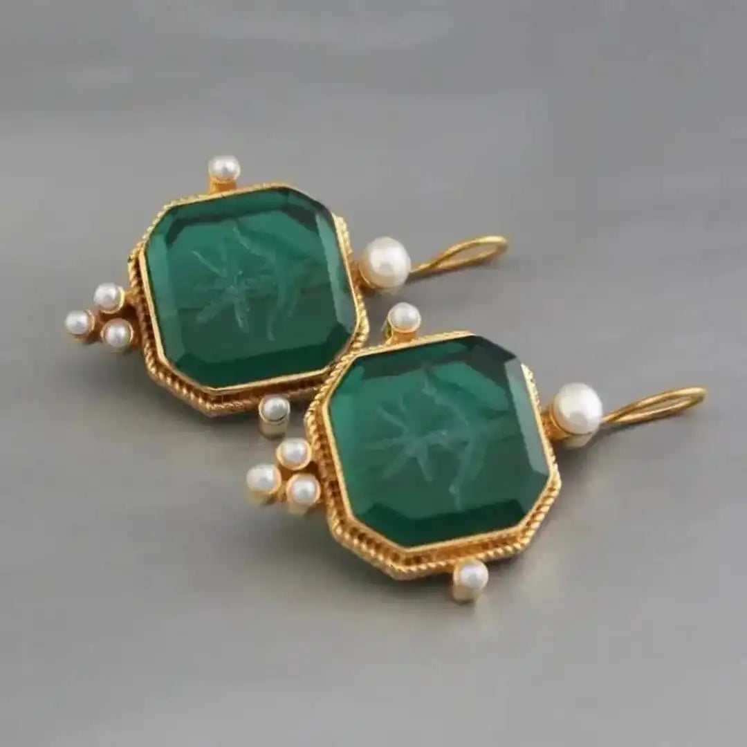 Pendientes colgantes elegantes vintage con perla y diseño geométrico