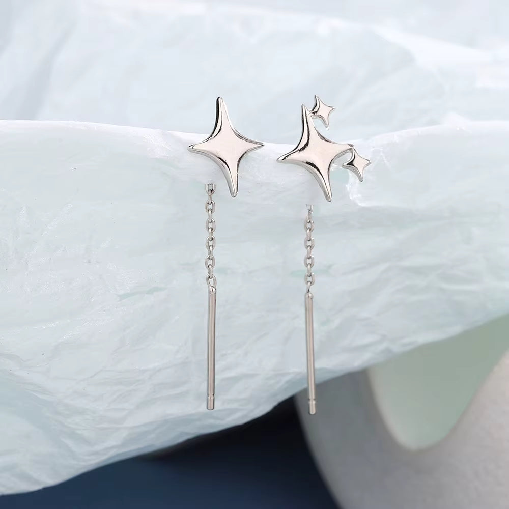Pendientes de Cadena de Estrellas de Plata Esterlina con Baño de Oro