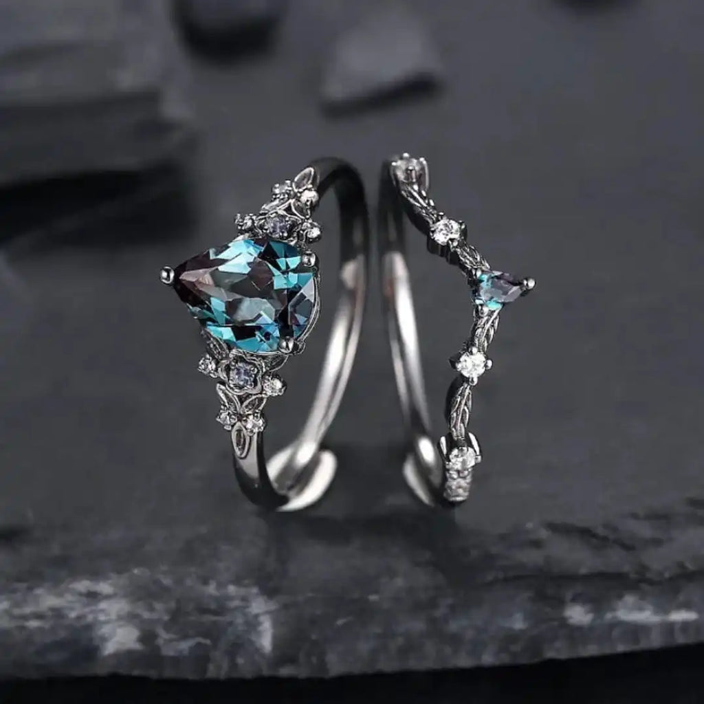 Juego de anillos de circonita de zafiro negro plomizo