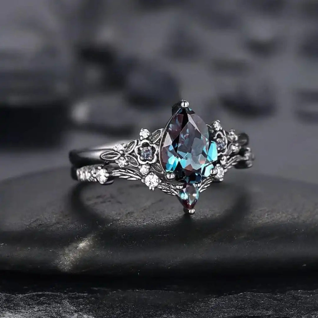 Juego de anillos de circonita de zafiro negro plomizo
