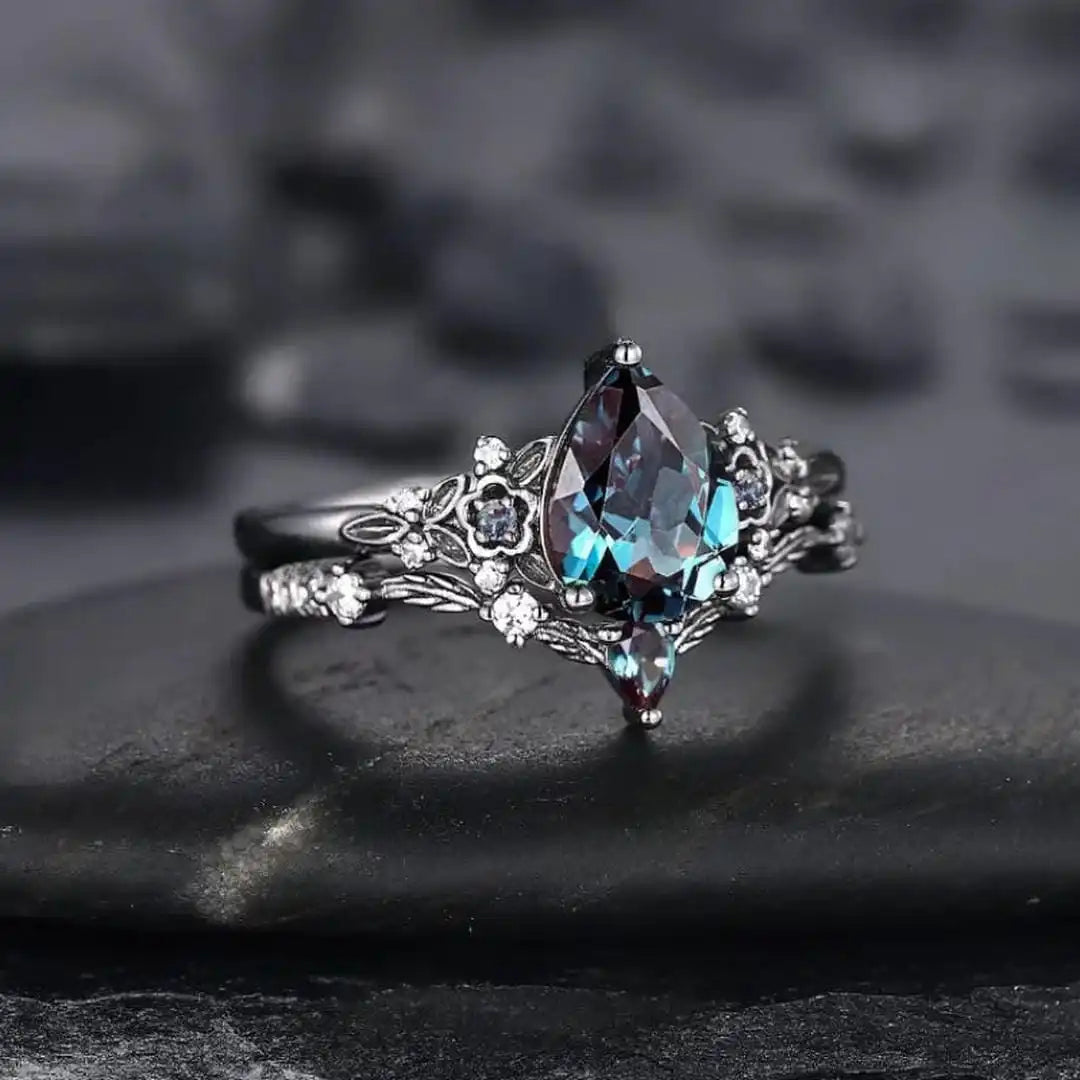 Juego de anillos de circonita de zafiro negro plomizo