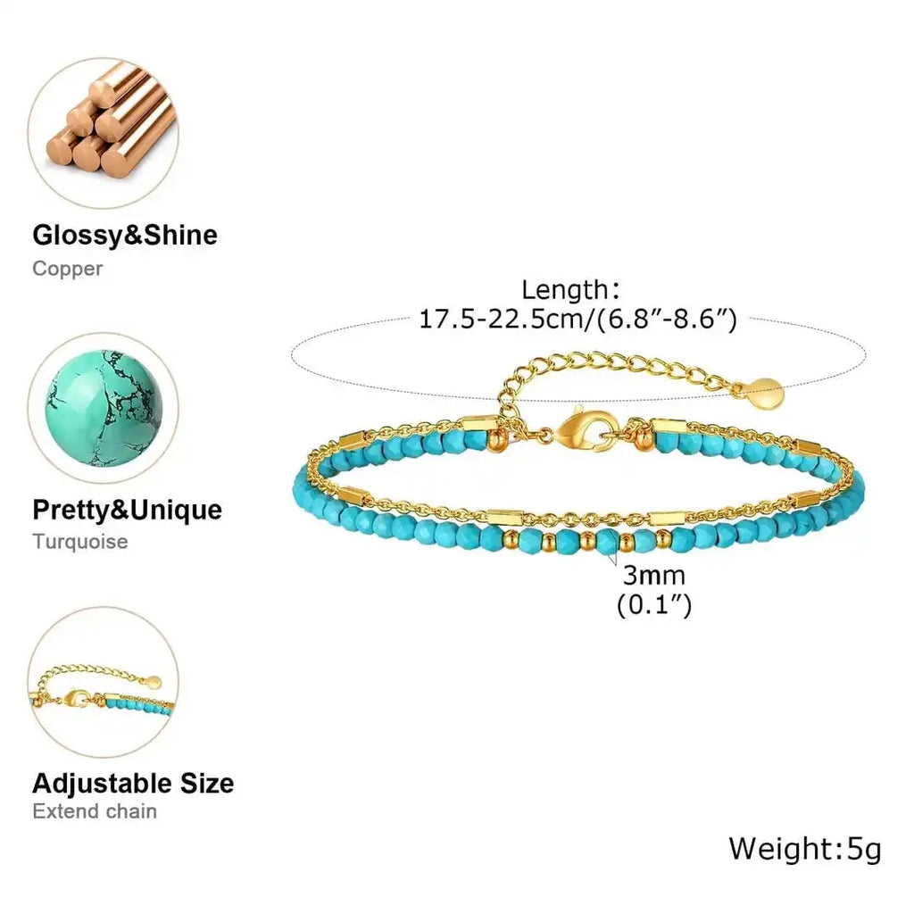 Pulsera de turquesa con doble cadena de oro, estilo atemporal