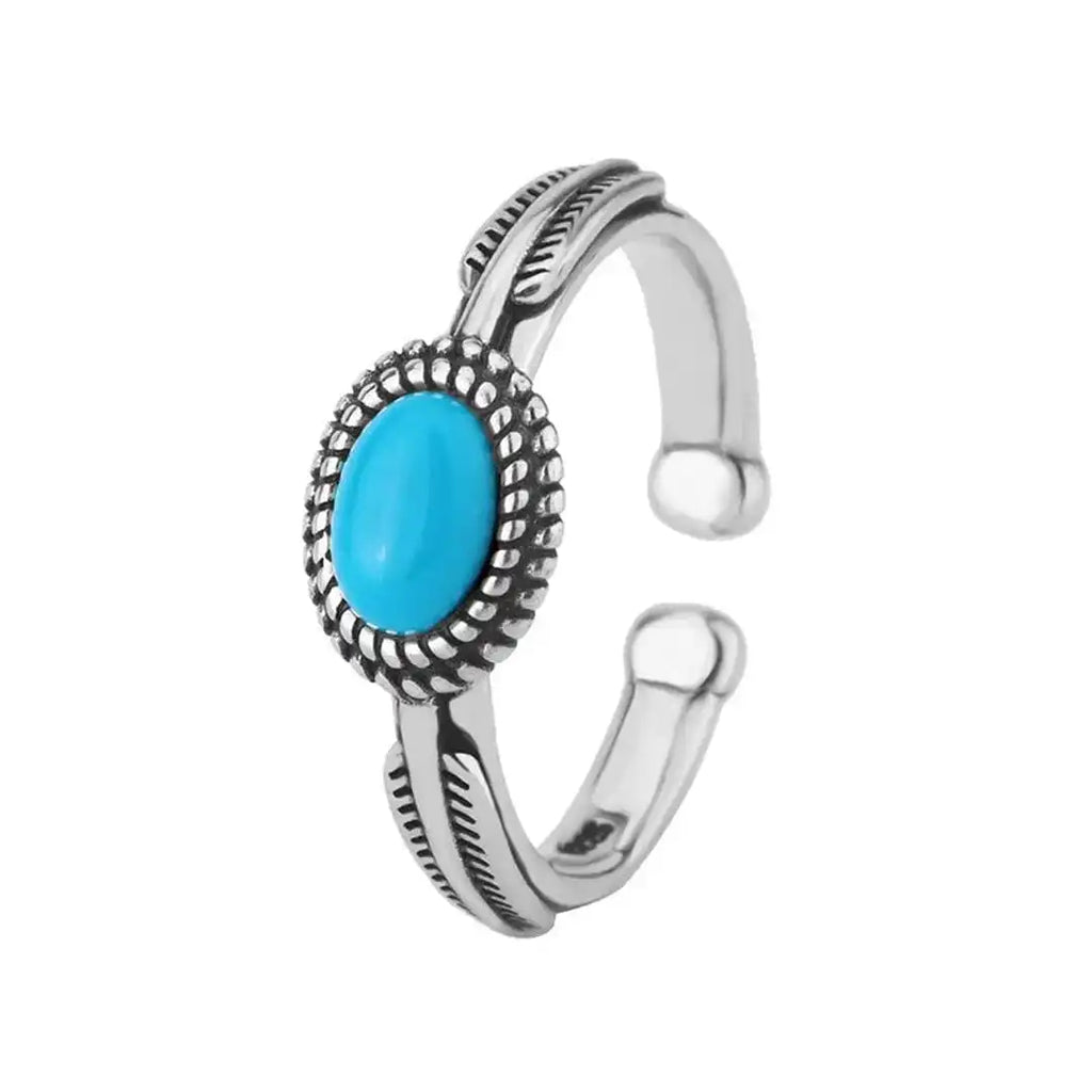 Anillo de plumas turquesas ajustable de plata