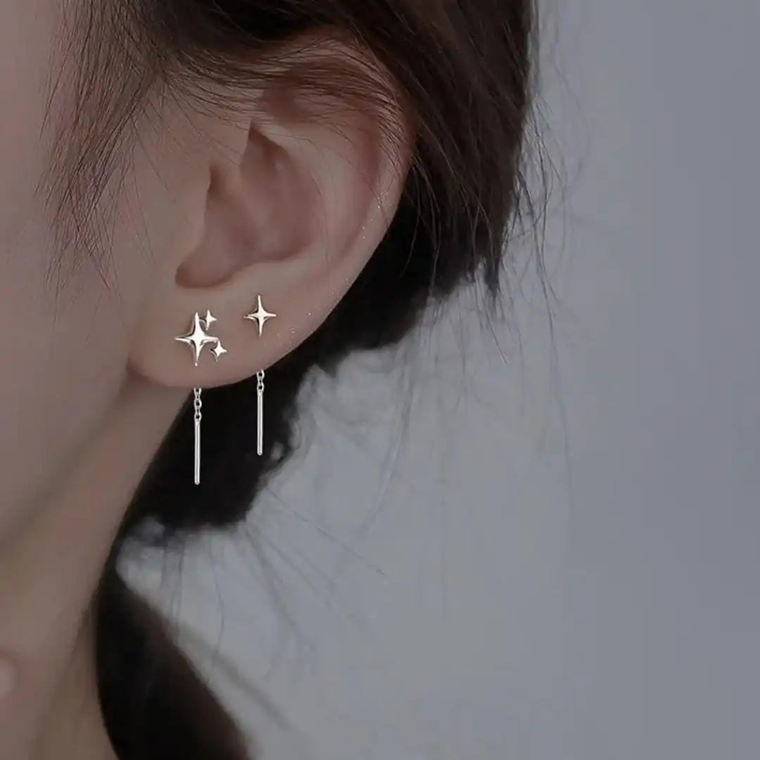 Pendientes de Cadena de Estrellas de Plata Esterlina con Baño de Oro