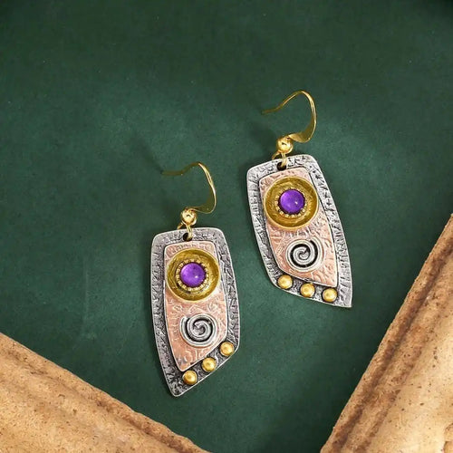 Pendientes bohemios de tres tonos con piedras preciosas