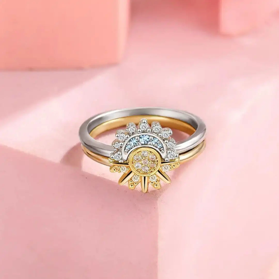 Juego de anillos de plata atemporales con circonitas de sol y luna