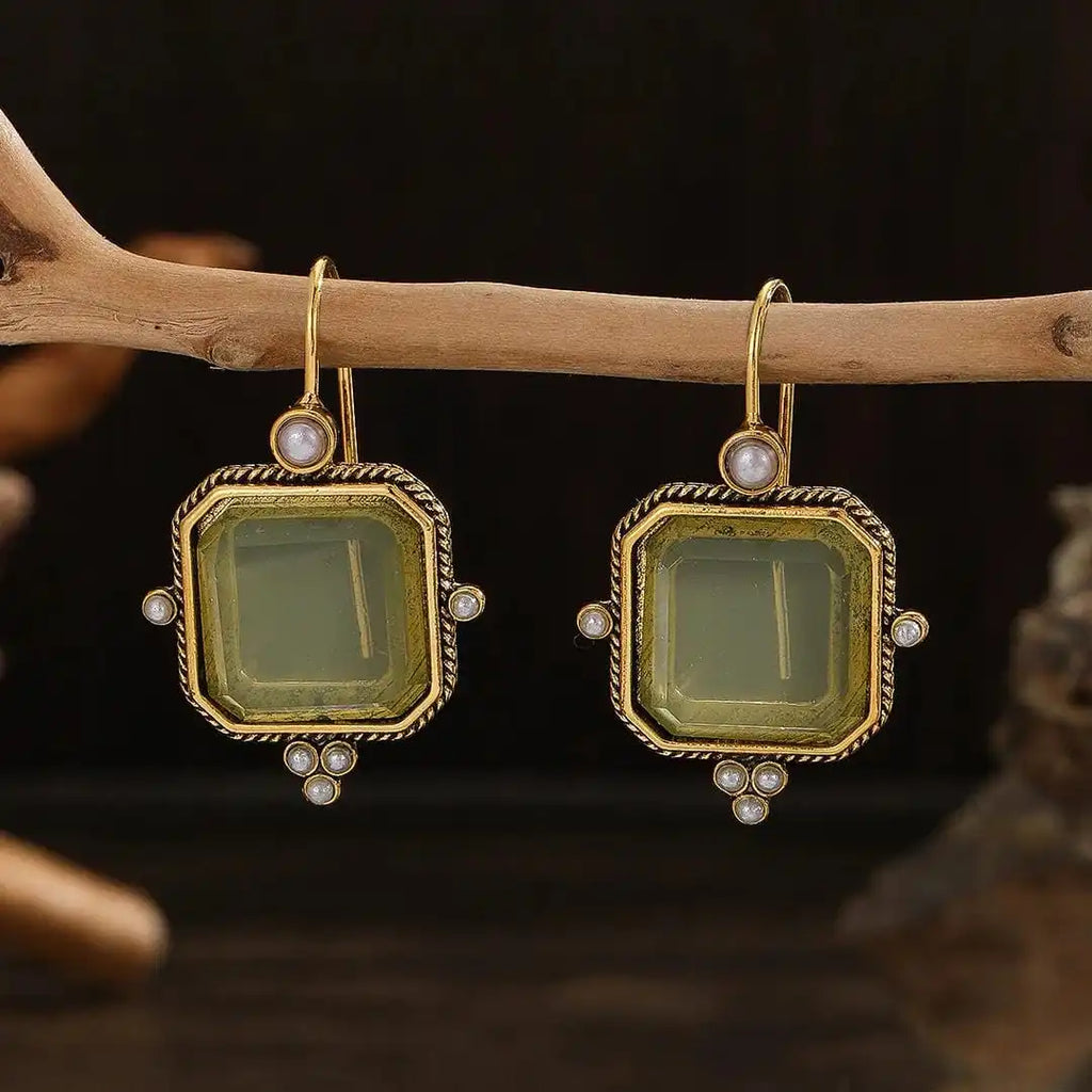 Pendientes colgantes elegantes vintage con perla y diseño geométrico