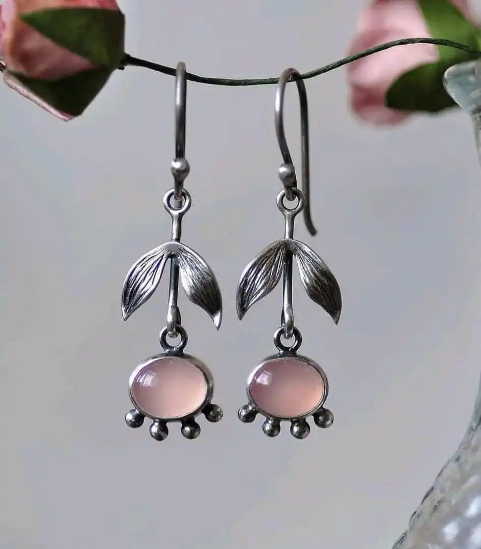 Pendientes Colgantes de Cuarzo Rosa Hoja Plateada