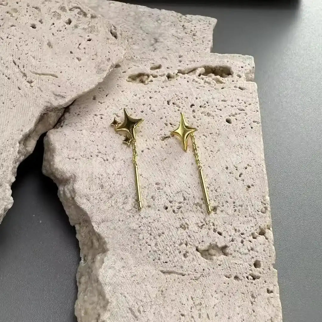 Pendientes de Cadena de Estrellas de Plata Esterlina con Baño de Oro