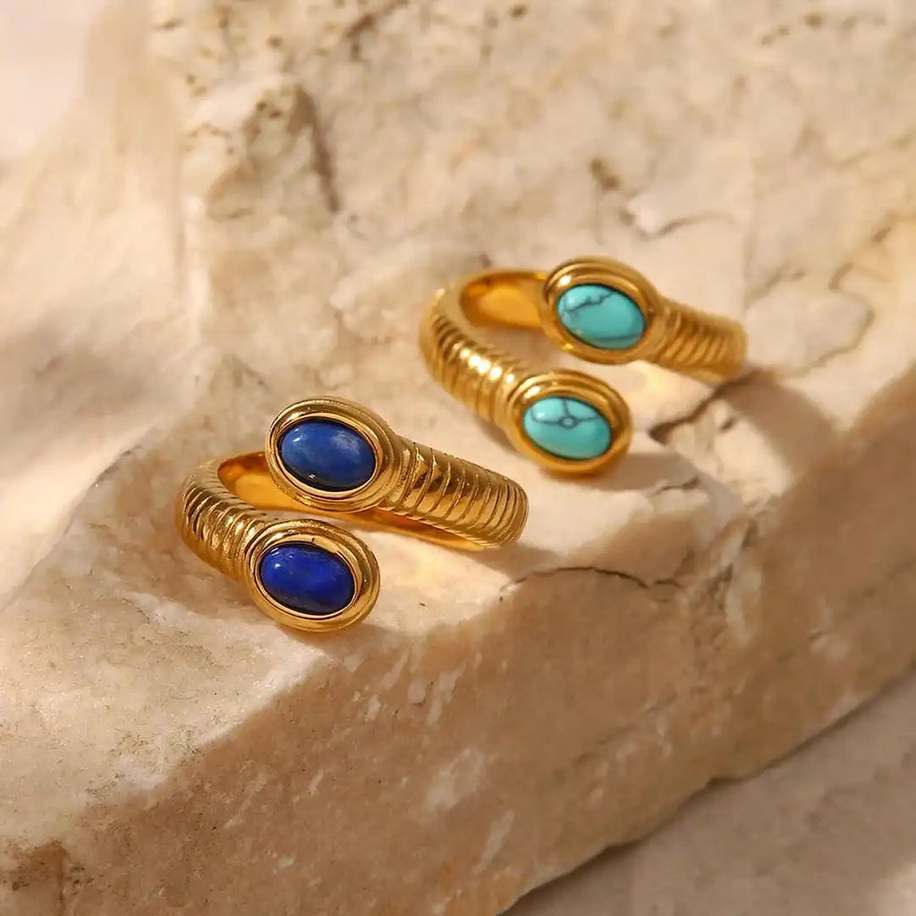Anillo Ajustable Bohemio de Oro con Lapislázuli y Turquesa