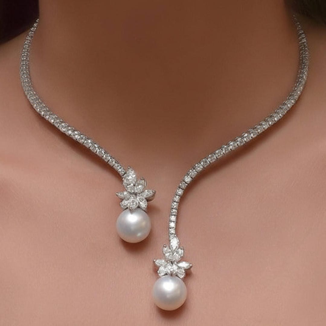 Collar de zafiros con perlas redondas y diseño abierto
