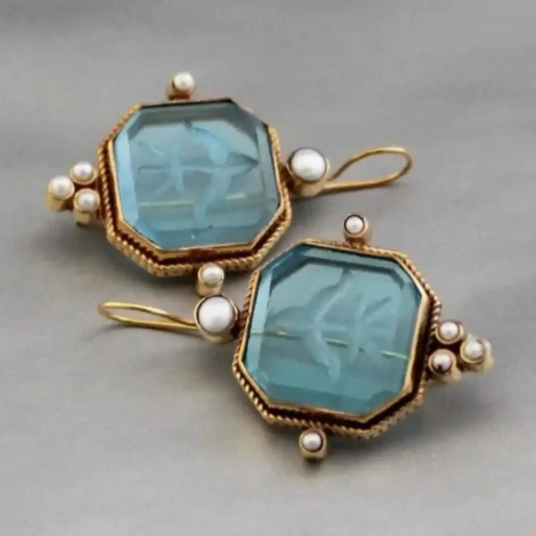 Pendientes colgantes elegantes vintage con perla y diseño geométrico