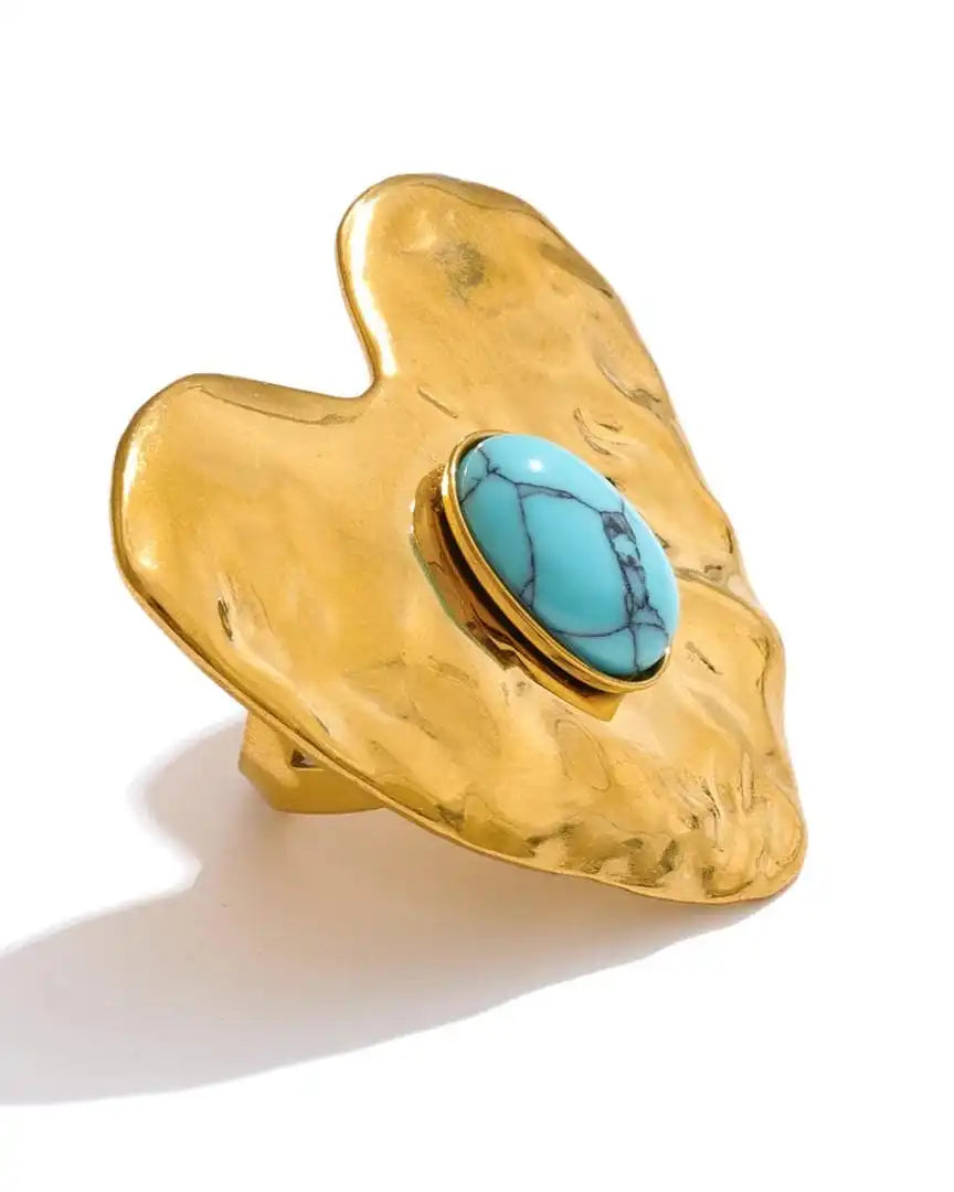 Juego de pendientes, anillo y pulsera de oro con incrustaciones de turquesa en forma de corazón, estilo vintage