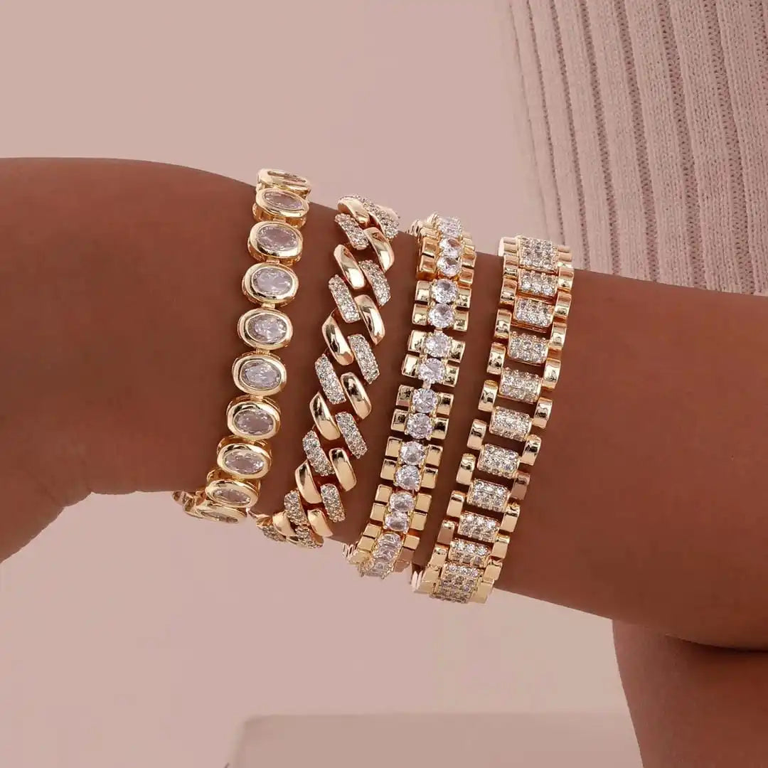 Juego de pulseras ajustables de circonita cúbica gruesa doradas