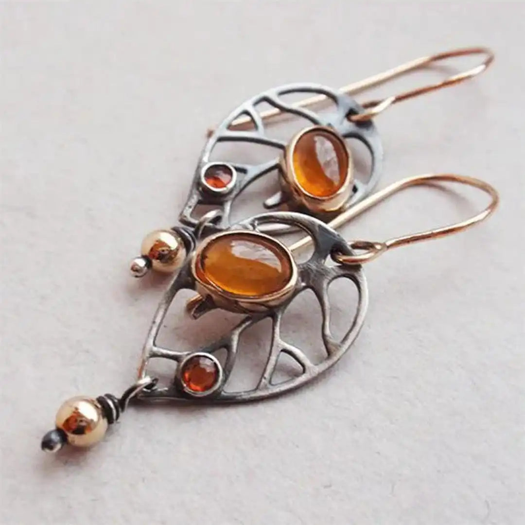 Pendientes Colgantes Vintage de Plata y Ámbar en Forma de Hoja