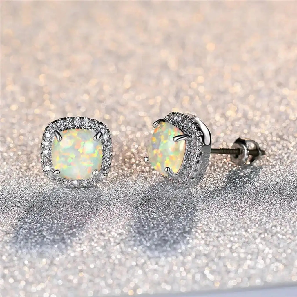 Elegantes Pendientes de Botón Redondos de Ópalo de Fuego Blanco y Plata