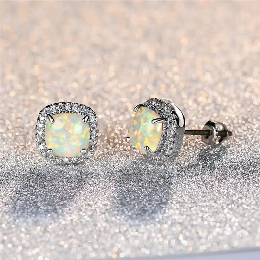 Elegantes Pendientes de Botón Redondos de Ópalo de Fuego Blanco y Plata