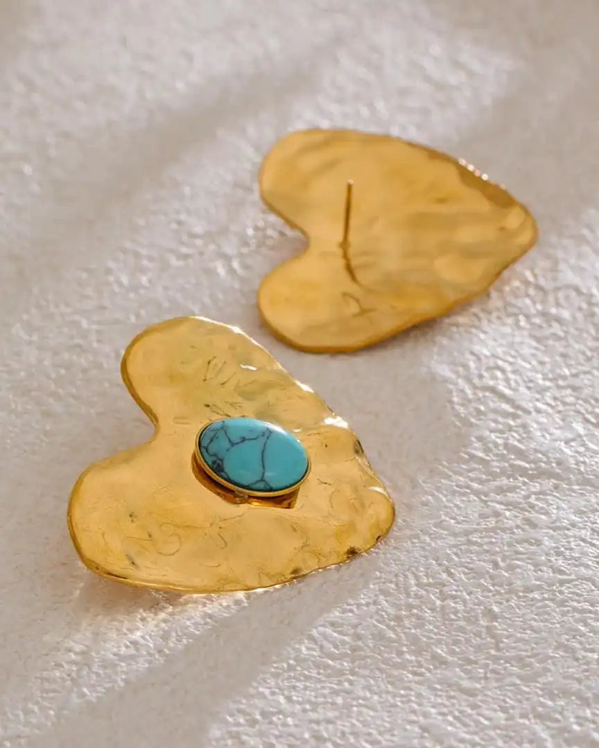 Juego de pendientes, anillo y pulsera de oro con incrustaciones de turquesa en forma de corazón, estilo vintage