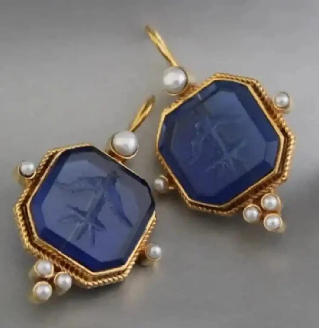 Pendientes colgantes elegantes vintage con perla y diseño geométrico