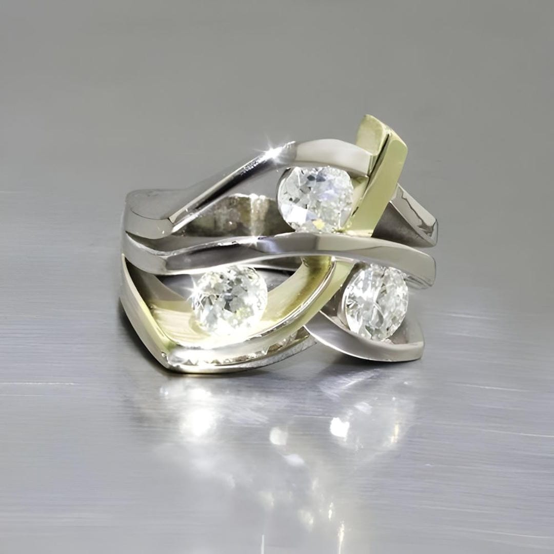Anillo Vintage de Zirconia Dorada y Plateada
