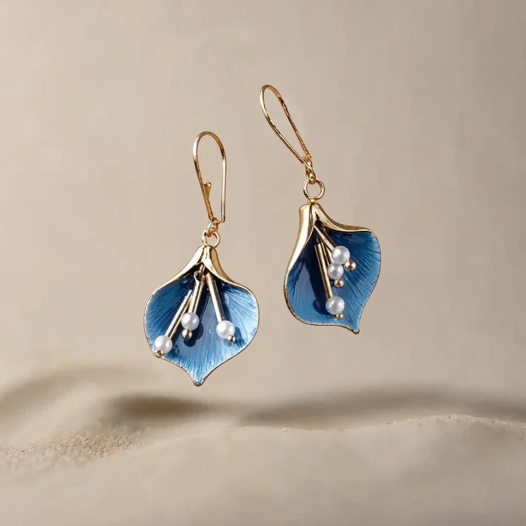 Pendientes de Gota Lirio Oro Azul con Perlas