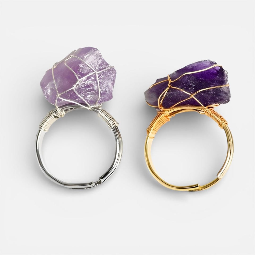 Anillos de oro con cristal en bruto alambrado