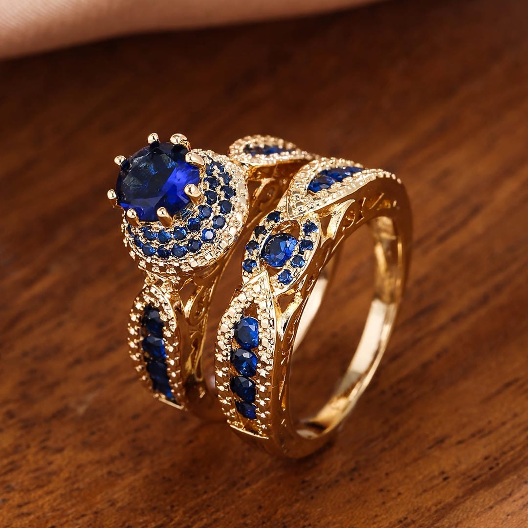 Juego de Anillos Victoria de Zafiro Dorado