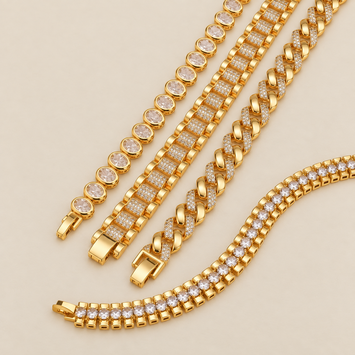 Gold Chunky Cubic Zirconia Adjustable Bracelet Set