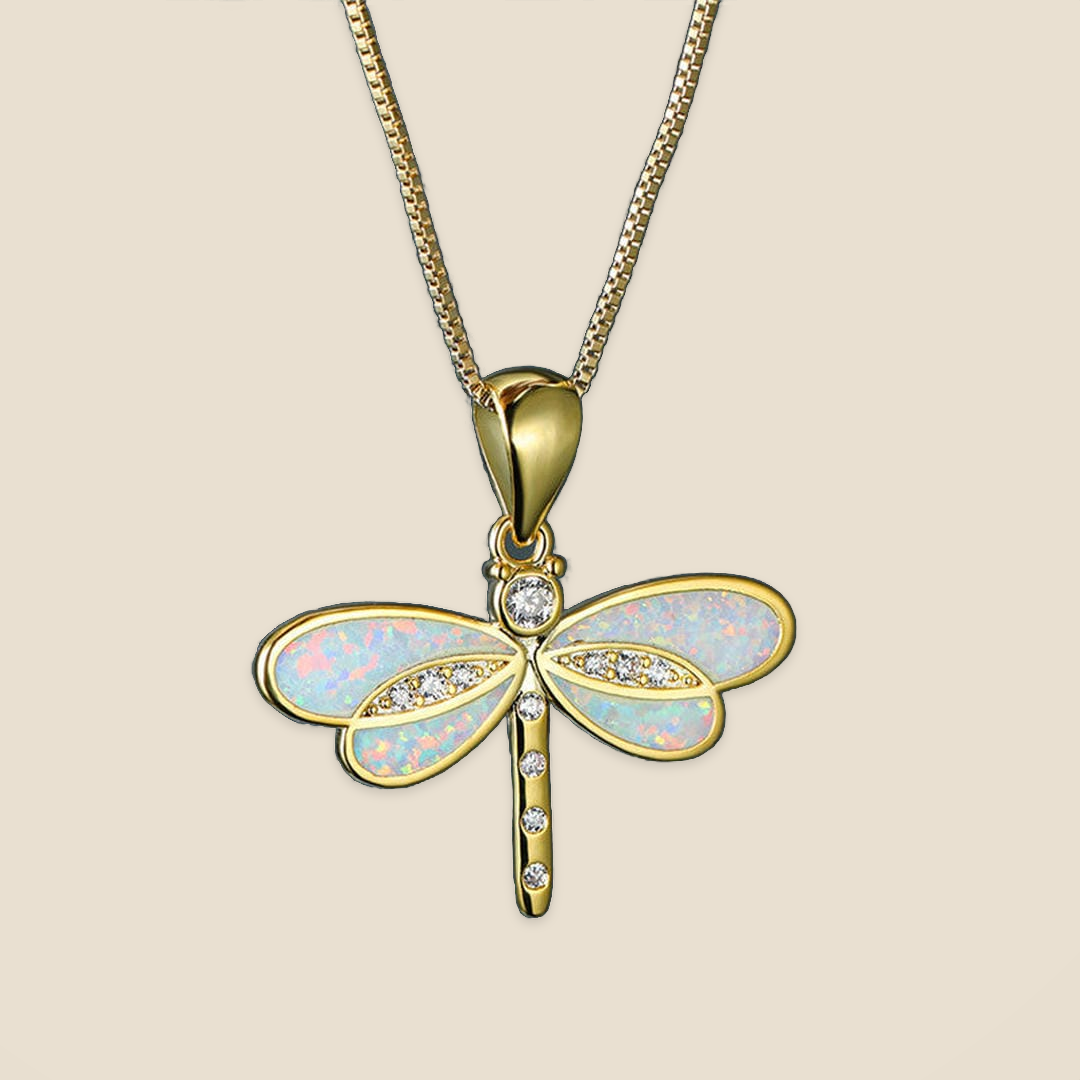 Dragonfly Necklace in Gold with Opal