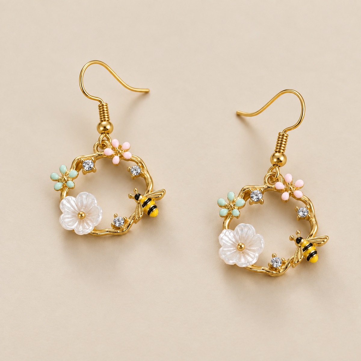 Bee Flower Gold Drop Earrings