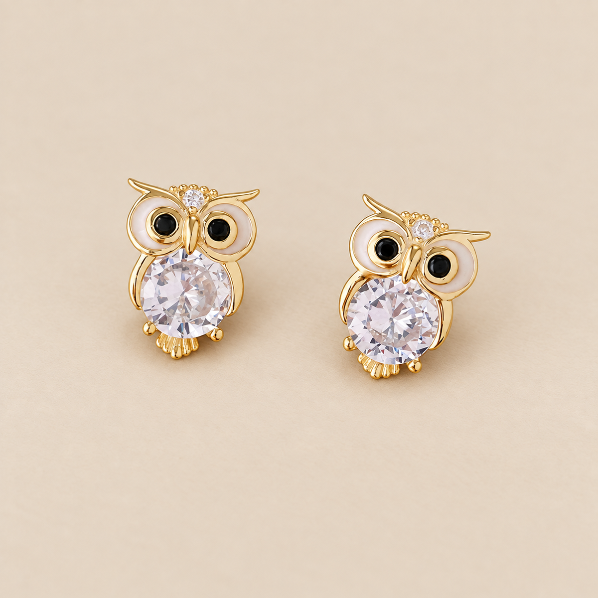 Gold Zirconia Owl Stud Earrings