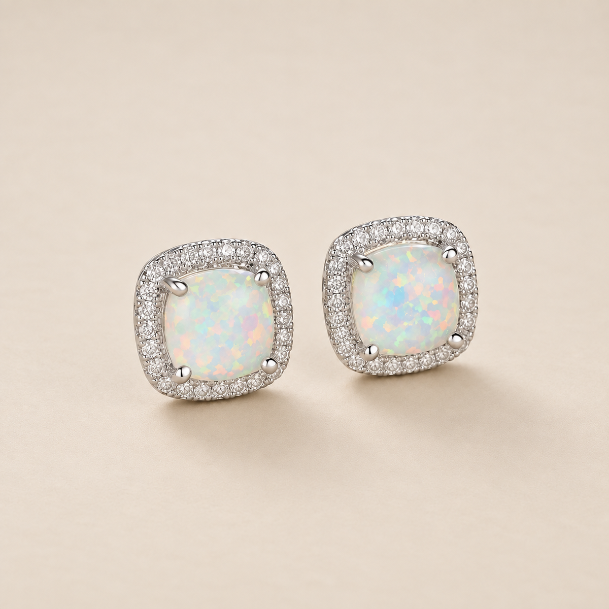 Elegant Silver Round White Fire Opal Stud Earrings