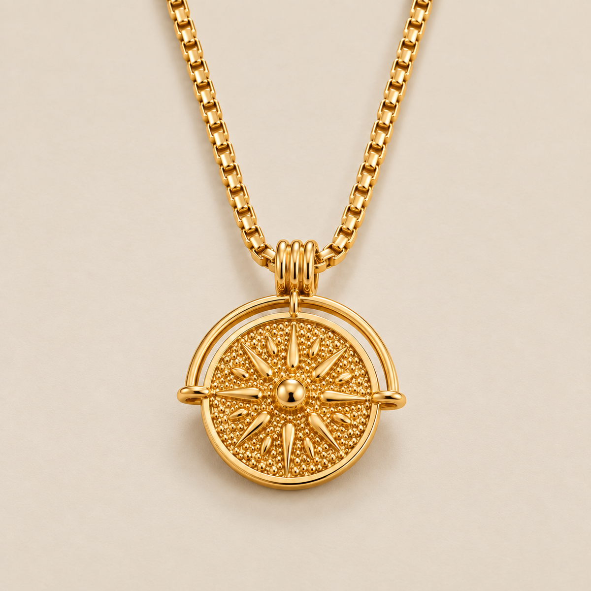 Golden Sun Coin Necklace — cream studio photograph