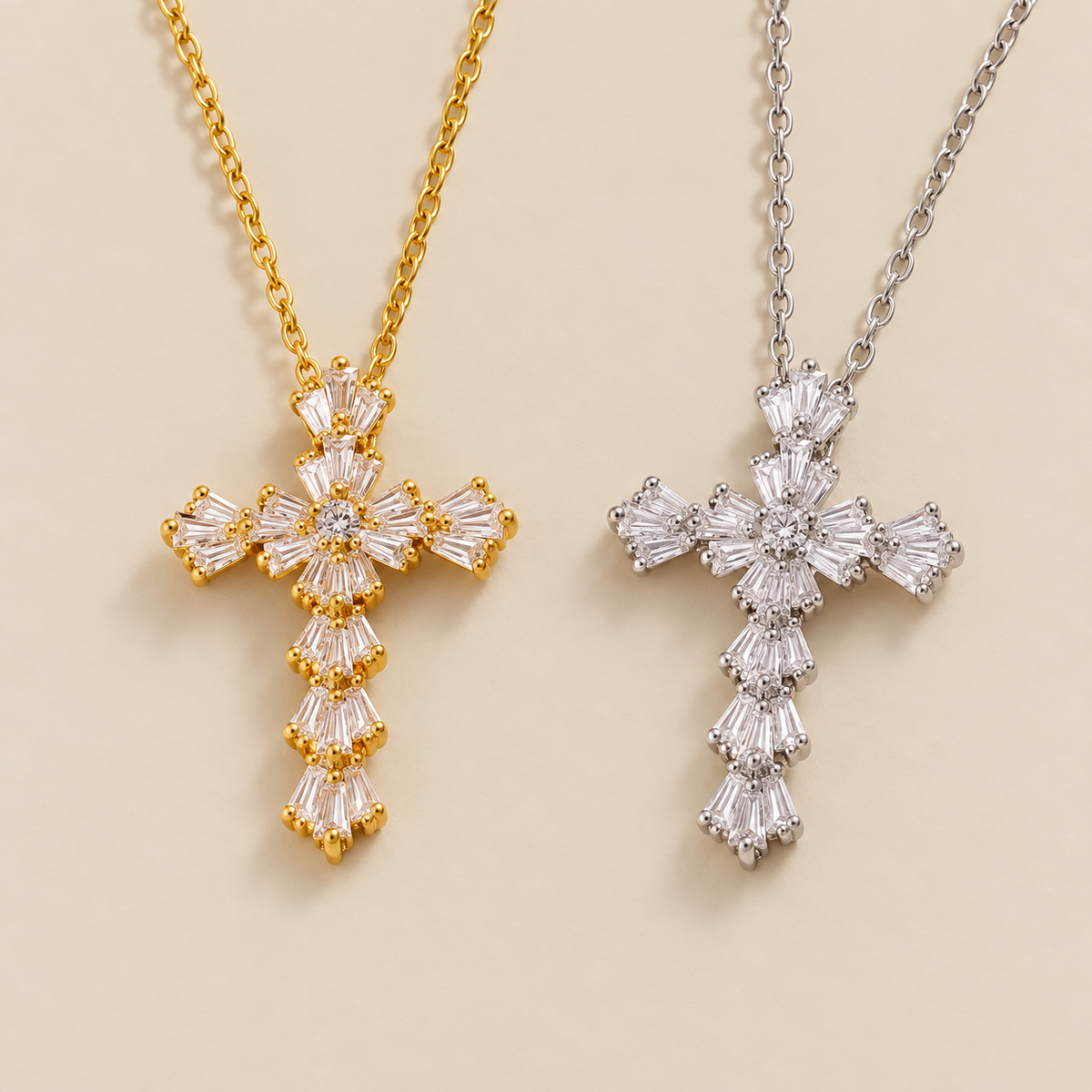 Timeless Silver Zirconia Cross Necklace — cream studio photograph