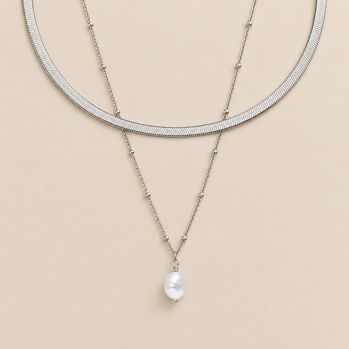 Herringbone Choker with Pearl Pendant Bundle — cream studio photograph