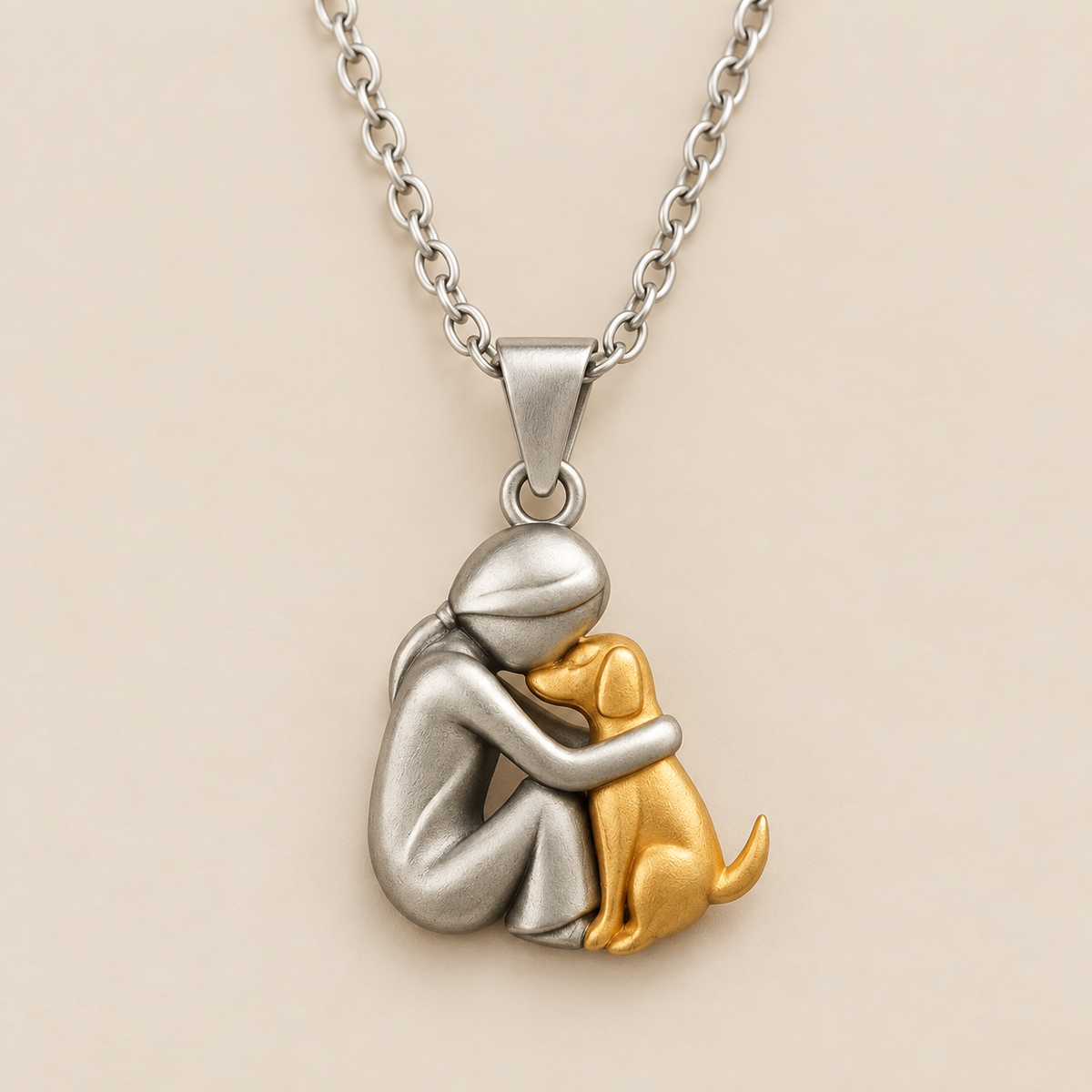 Collar con colgante de perro "Siempre en tu corazón" sobre fondo crema
