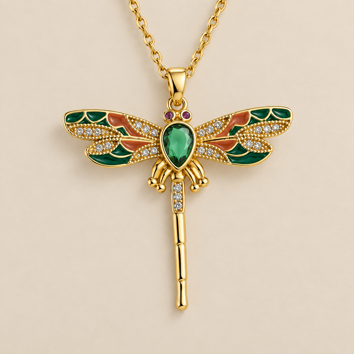 Emerald Dragonfly Elegance Necklace — cream studio photograph