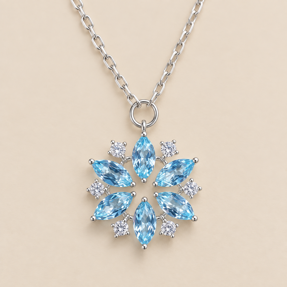 Blue Snowflake White Gold Flower Pendant Necklace — cream studio photograph