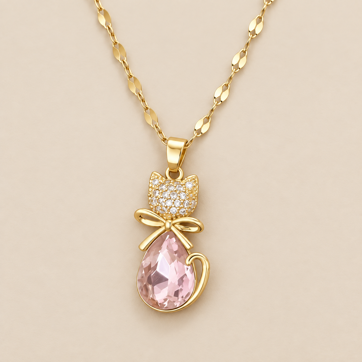 Pink Stone Feline Pendant Zirconia Necklace — cream studio photograph