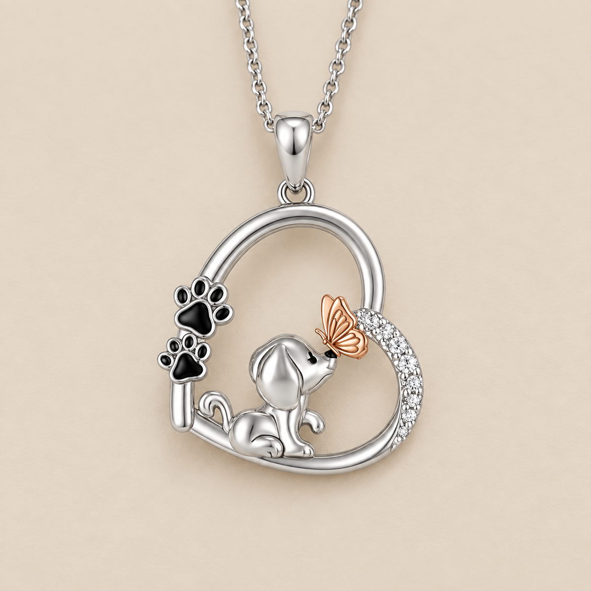 Dog Butterfly Heart Pendant Necklace — cream studio photograph